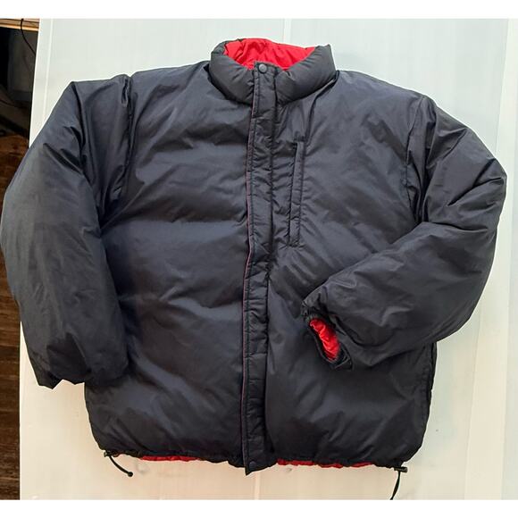 LANDS END Sz LG 42-44 Reversible Down Puffer Jacket Red Navy Removable Hood - Picture 5 of 11